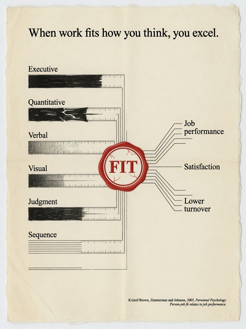 Infographic: six work domains converge on fit, then job performance, satisfaction, and lower turnover. Cited to Kristof-Brown, Zimmerman and Johnson, 2005.